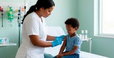 Vacunación infantil en clínica, profesional de la salud administrando vacuna a niño en consulta pediátrica. Servicios médicos en Ocoa, atención especializada y cuidado de la salud infantil.