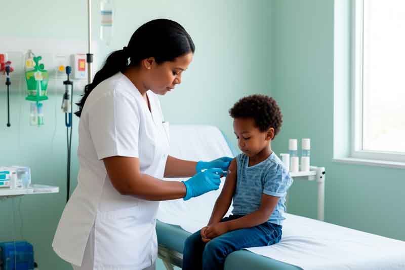 Vacunación infantil en clínica, profesional de la salud administrando vacuna a niño en consulta pediátrica. Servicios médicos en Ocoa, atención especializada y cuidado de la salud infantil.