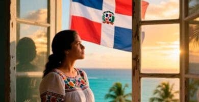 Bandera de República Dominicana, vista al mar desde una ventana, mujer mirando el horizonte, atardecer en Ocoa, paisaje costero dominicano, radiografía informativa de Ocoa, turismo y cultura en Ocoa, noticias de Ocoa, radar informativo dominicano, información regional Ocoa.