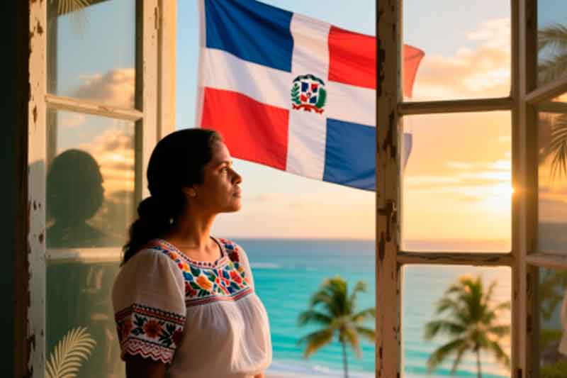 Bandera de República Dominicana, vista al mar desde una ventana, mujer mirando el horizonte, atardecer en Ocoa, paisaje costero dominicano, radiografía informativa de Ocoa, turismo y cultura en Ocoa, noticias de Ocoa, radar informativo dominicano, información regional Ocoa.