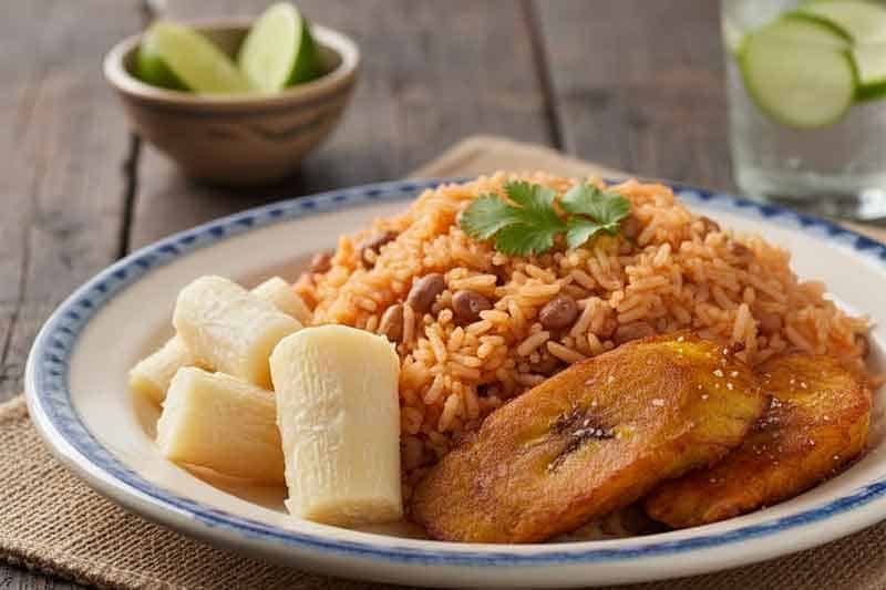 Arroz con frijoles, plátano maduro y plátanos en un plato típico de Ocoa, República Dominicana. Comida tradicional con ingredientes autóctonos de la región, ideal para quienes buscan recetas locales auténticas.
